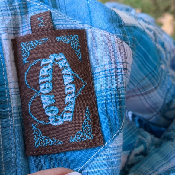 Cowgirl Hardware Arena Shirt Turquoise/White Plaid w/ Embroidered Yoke Snap Butt - Picture 13 of 14
